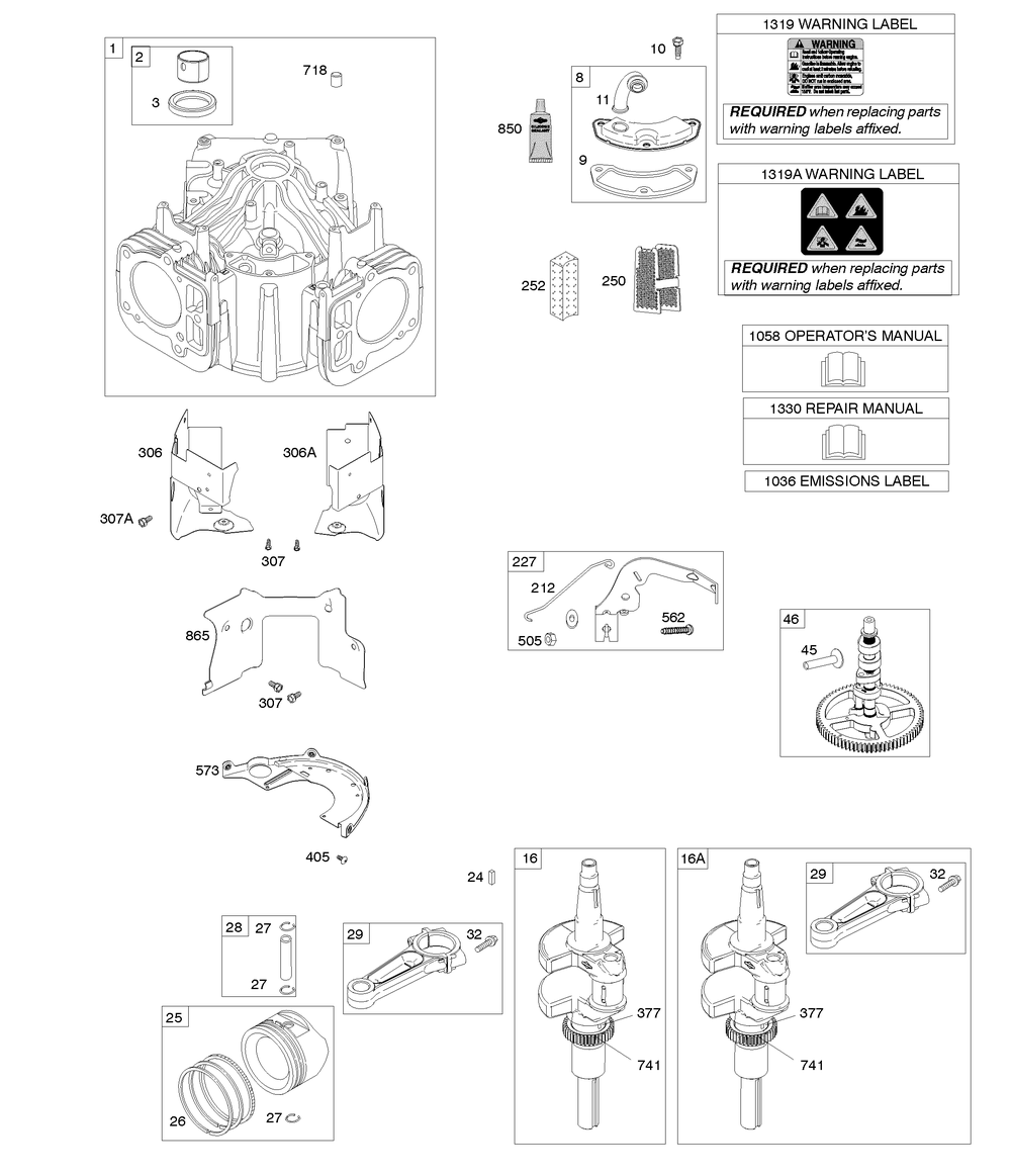Cylinder, Crankshaft, Camshaft, Air Guides Diagram and Parts List for 44R577-0001-H1 400000 - 699999 Briggs and Stratton Engine